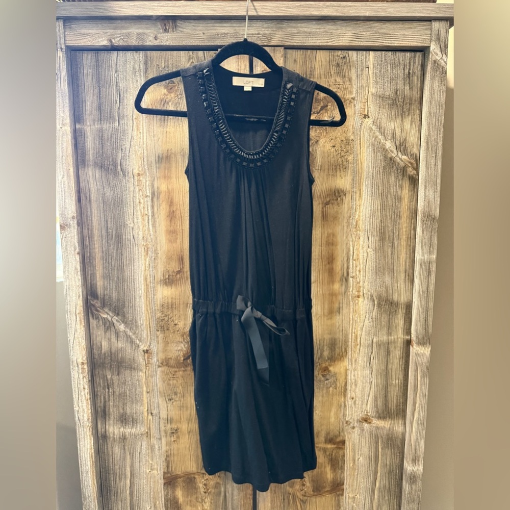 LOFT Black Beaded Neck Midi Dress